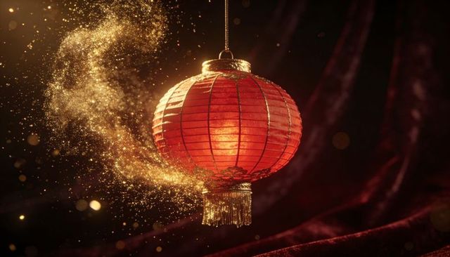 Glowing Red Silk Lantern Emitting Golden Sparkles and Warm Glow for Festive Decor