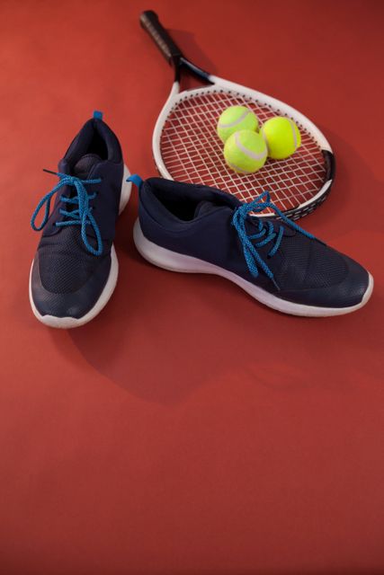 High angle view of blue sports shoes by tennis racket and balls on maroon background