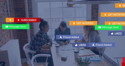Team Collaborating on Social Media Strategy with Digital Elements Overlay