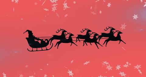 Silhouette of Santa's Sleigh with Reindeer on Red Background