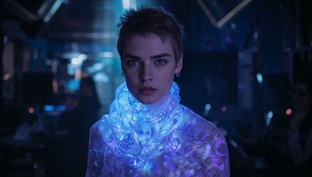 Short-haired model wearing led scarf and high-collar patterned jacket in neon studio