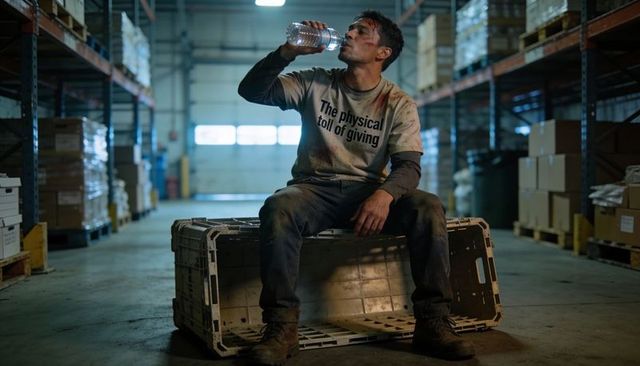 Tired warehouse worker drinking water while resting on crate after heavy manual labor