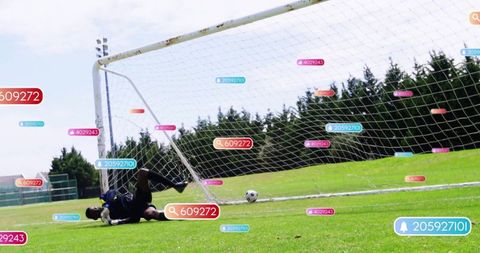 Diving Goalkeeper in Action with AI Analytics Overlays on Field