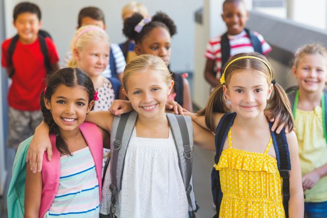 This image shows a diverse group of happy school children standing in a corridor with their arms around each other. They are wearing backpacks and smiling, indicating a positive and friendly school environment. This image can be used for educational materials, school advertisements, back-to-school campaigns, and articles promoting diversity and inclusion in education.