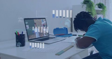 School-age student writing at desk during online lesson with laptop and study supplies