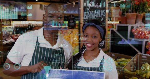Smiling Market Clerks Holding Blue Sign in Fresh Produce Aisle with AR Financial Charts