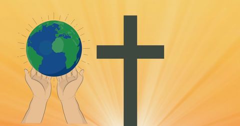 Hands Holding Earth Beside Cross on Abstract Background - Download Free Stock Images Pikwizard.com