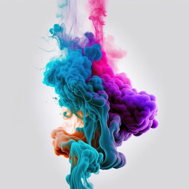Vibrant and dynamic display of colorful smoke forming intricate abstract patterns in various hues. Ideal for creativity enhancement, design inspiration, poster art, and modern wall decor. Perfect for backgrounds in presentations, digital art, and promotional material for events emphasizing creativity and color.
