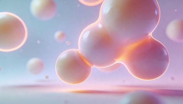 Glowing pastel molecular spheres floating cluster with neon rim lighting and soft bokeh