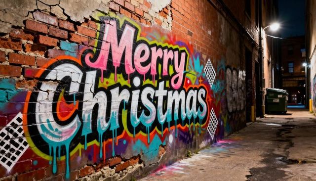 Merry Christmas graffiti mural in weathered brick alley at night, colorful street art