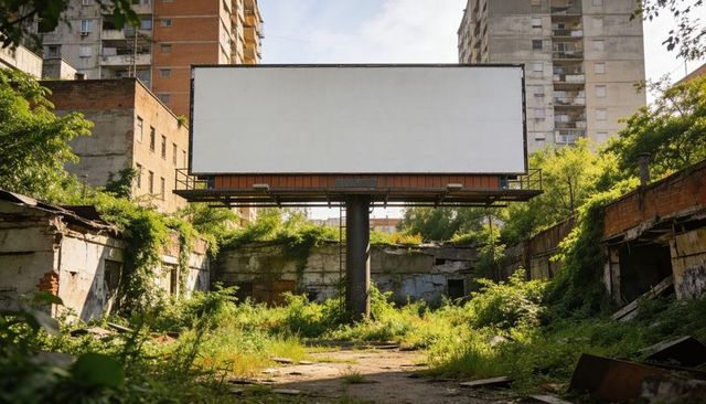 Standing blank billboard over overgrown urban ruins for advertising mockup and grunge background