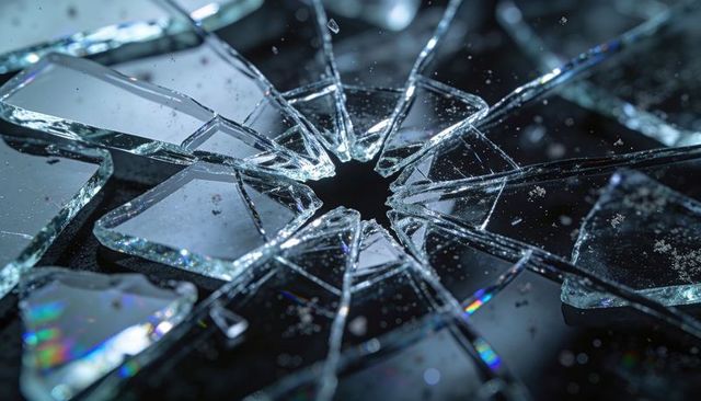 Shattering glass starburst with central hole, radial cracks and reflective dust highlights