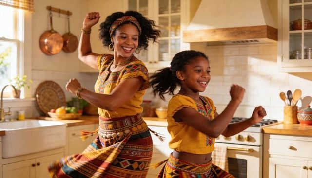 Mother and daughter dancing in sunlit rustic kitchen wearing patterned skirts and mustard tops