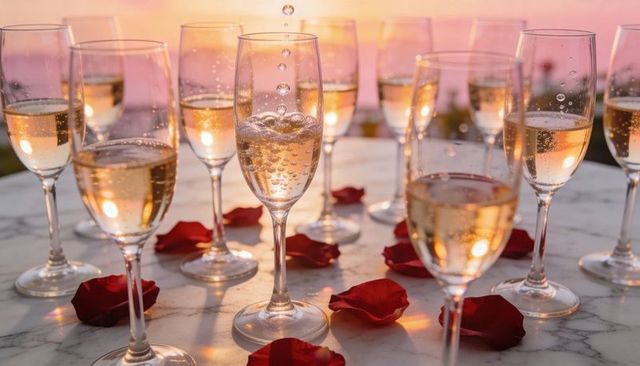 Golden hour pouring sparkling wine into flute with bubbles and rose petals on marble dusk