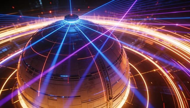 Pulsating metallic orb emitting neon rings and crossing blue purple lasers energy core