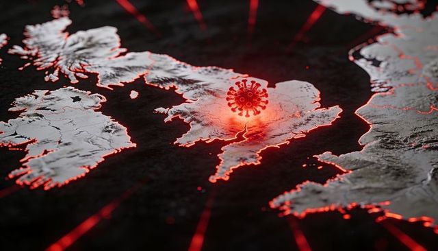 Pandemic hotspot showing glowing virus marker over central england 3d relief map