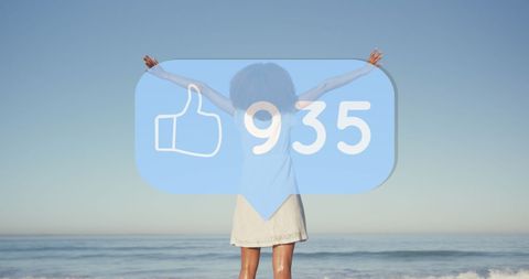 Woman Stretching Arms at Beach with Social Media Icon Overlay
