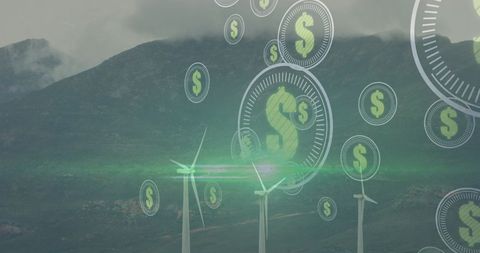 Renewable Energy Wind Turbines with Overlay Dollar Signs Concept