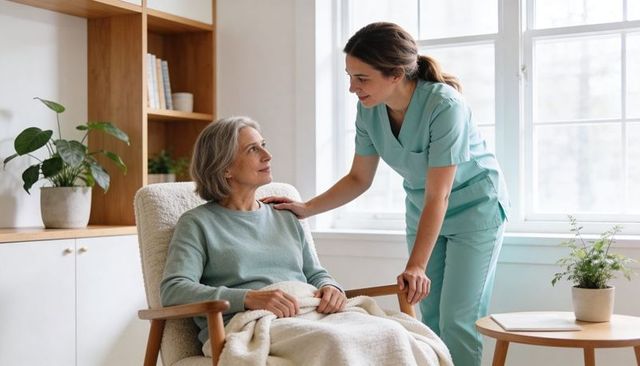 Nurse comforting senior woman in sunlit home, caregiver providing gentle support and care