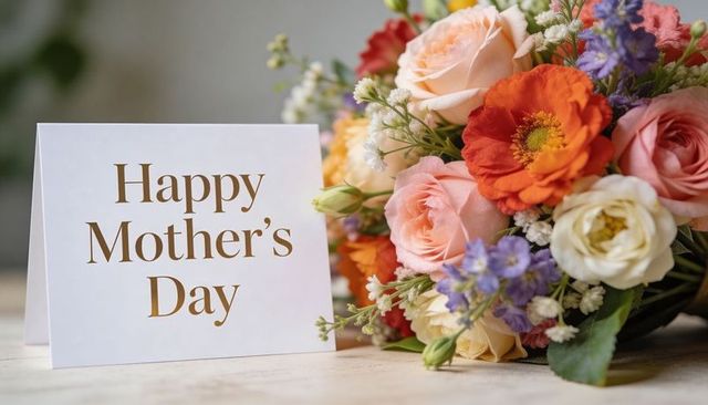Happy mother's day greeting card beside vibrant bouquet of roses and ranunculus
