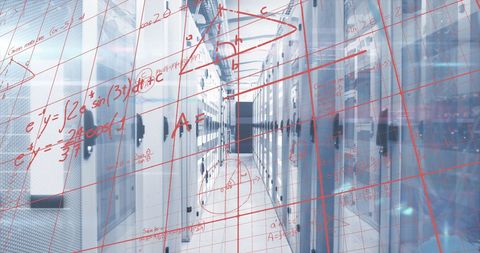 Mathematical Equations and Data Overlay on Modern Server Room - Download Free Stock Images Pikwizard.com