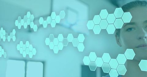 Female Clinician Interacting with Holographic Hexagon Interface in Medical Lab