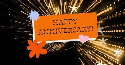 Orange Happy Anniversary Banner Surrounded by Gold Light Bursts and Retro Decorative Shapes