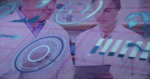 Clinical researchers analyzing holographic data on tablet, hud healthcare visualization