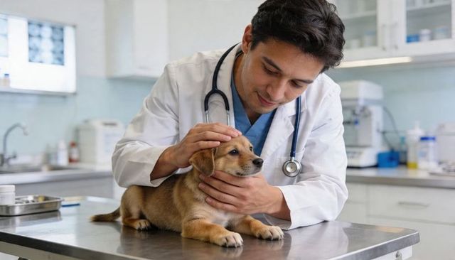 Compassionate veterinarian examining puppy on clinic table with stethoscope, tender care