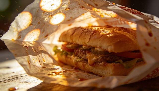 Sunlit cheeseburger melting cheese and tangy sauce drips on greasy wax paper closeup
