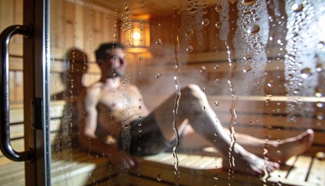 Relaxing man soaking in steam sauna behind fogged glass with warm amber light