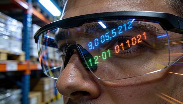 Warehouse worker viewing augmented reality hud on safety glasses in busy logistics aisle