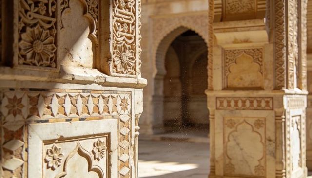 Sunlit carved marble pillar with geometric star motifs and ornate arches in palace hall