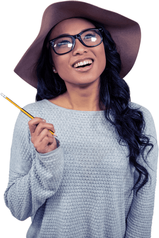 Thoughtful Asian Woman in Stylish Hat Holding Pencil on Transparent Background
