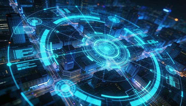 Projecting holographic smart-city network over downtown at night, neon-blue data grid