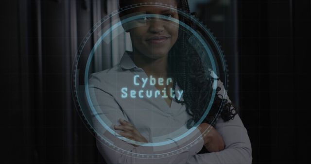 Composite of cyber security text over african american female it technician by computer servers. Global business, computing, digital interface and data processing concept digitally generated image.