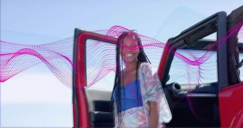 Smiling Woman Exploring Outdoors with Pink Wave Overlay