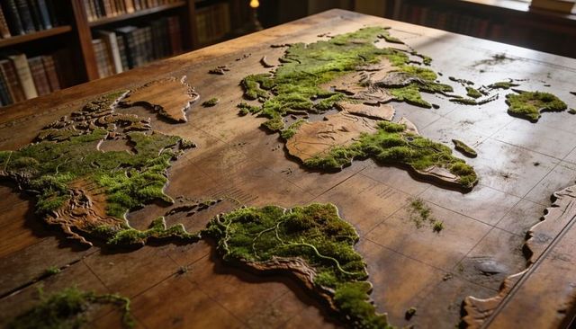 Handmade wooden relief world map table with moss patches rustic vintage carved topography