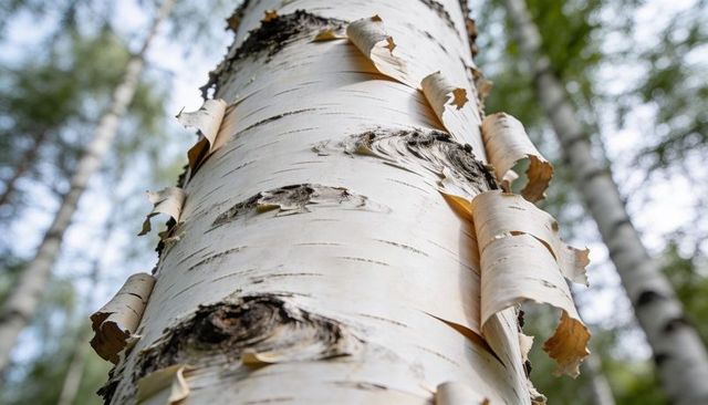 Close-up birch bark revealing peeling papery curls and knots in tall grove