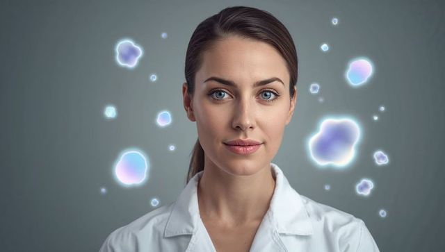 Female Scientist Wearing Lab Coat Presenting Glowing Cell Structures and Research Concept