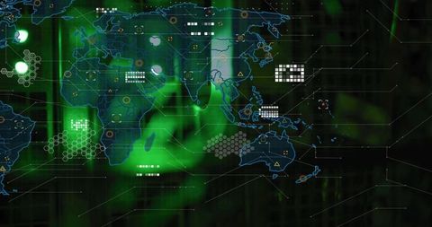 Global Cyber Dashboard Visualizing Neon Green Aurora with Telemetry Overlay and Hex Grid