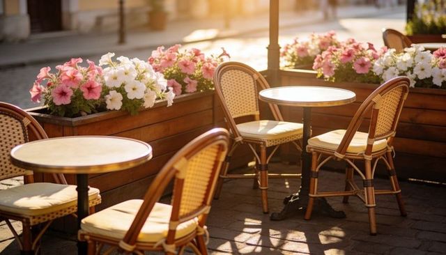 Golden hour bistro terrace with rattan chairs, round tables and blooming planters
