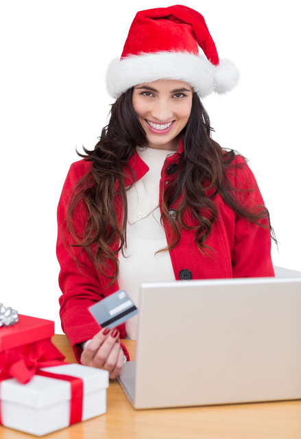 Caucasian Woman with Santa Hat Using Laptop for Holiday Shopping on Transparent Background - Download Free Stock Videos Pikwizard.com