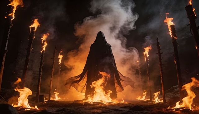 Standing hooded figure in fiery ritual circle with torches, smoke, dramatic silhouette