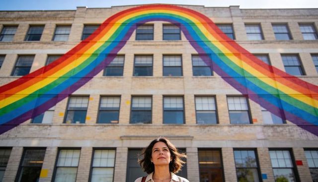 Woman gazing under giant rainbow mural on urban brick building, daylight portrait