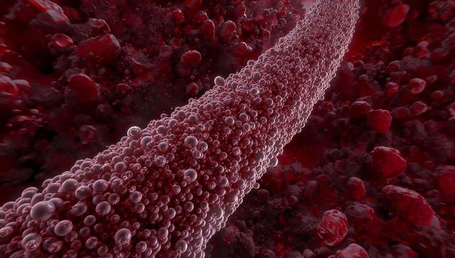 Microscopic tubular filament covered with translucent spheres in red cellular matrix 3d render