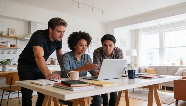 Young team collaborating on laptop in bright home office for remote work and startups