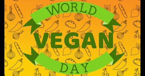 World vegan day green ribbon badge with food icon pattern on orange gradient background