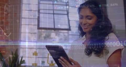 Smiling Businesswoman with Digital Financial Data Overlay