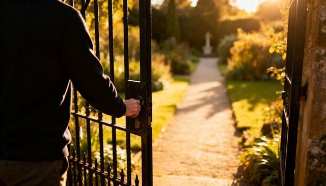 Man opening wrought iron gate holding latch entering sunlit garden path at golden hour